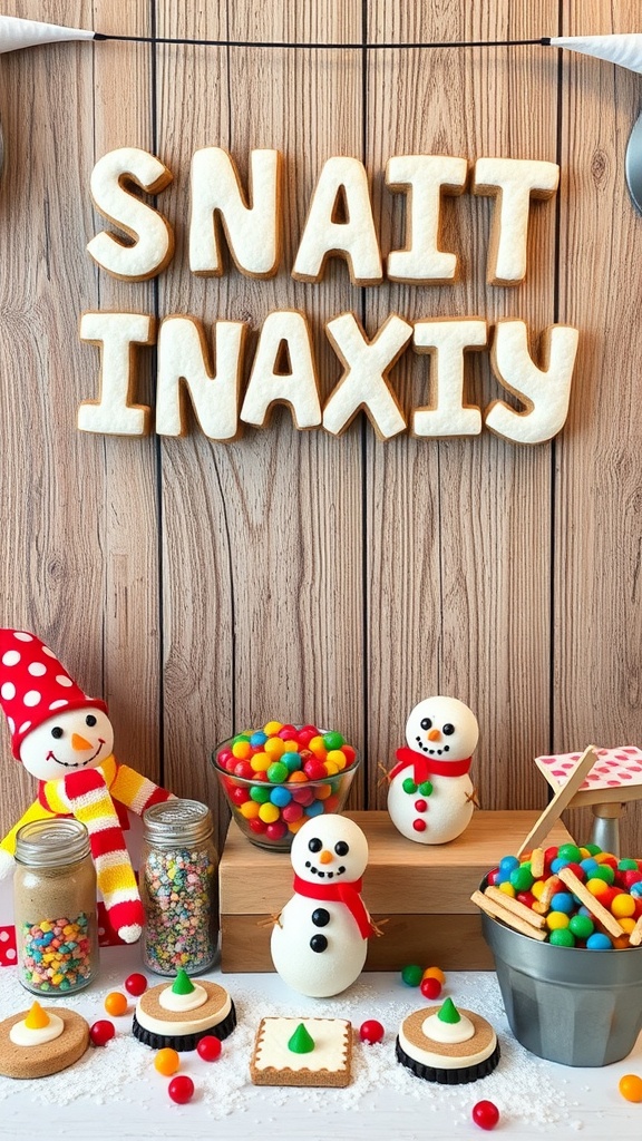 A festive snowman snack station featuring cute snowman decorations, colorful candies, and a variety of snacks.