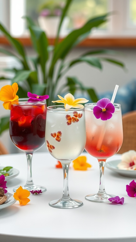 Three sparkling drinks with flowers on a table, perfect for a fairy garden baby shower.