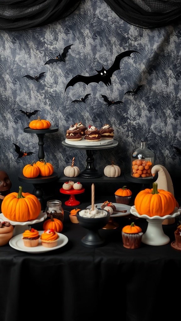 A Halloween-themed dessert table featuring mini pumpkins, cupcakes, and spooky decorations.