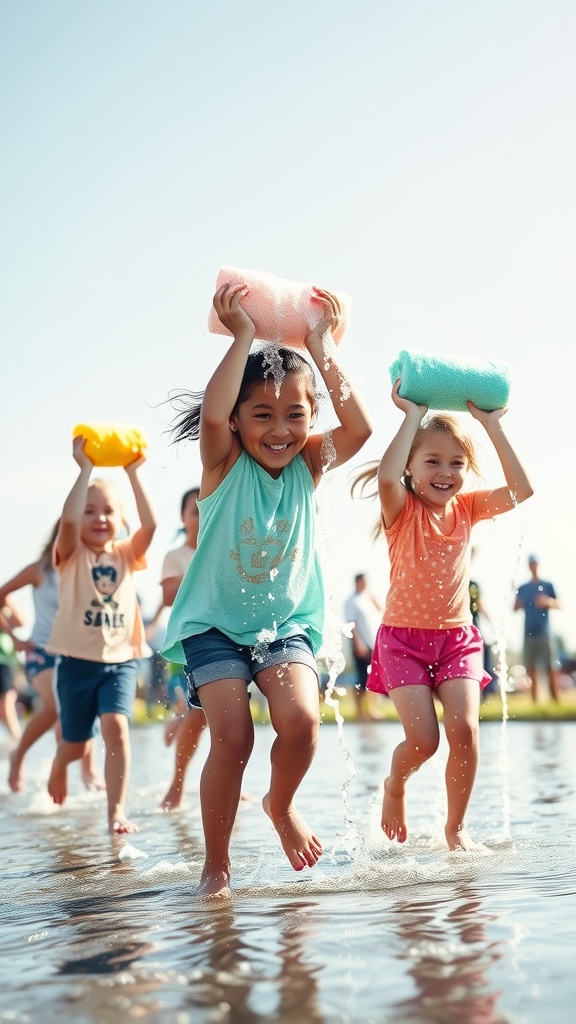 Children participating in a sponge relay race, holding colorful sponges and splashing in the water.