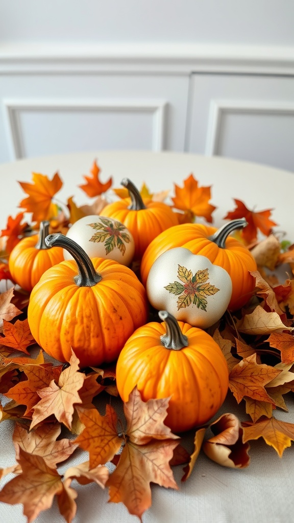 A centerpiece of mini pumpkins and autumn leaves on a table.