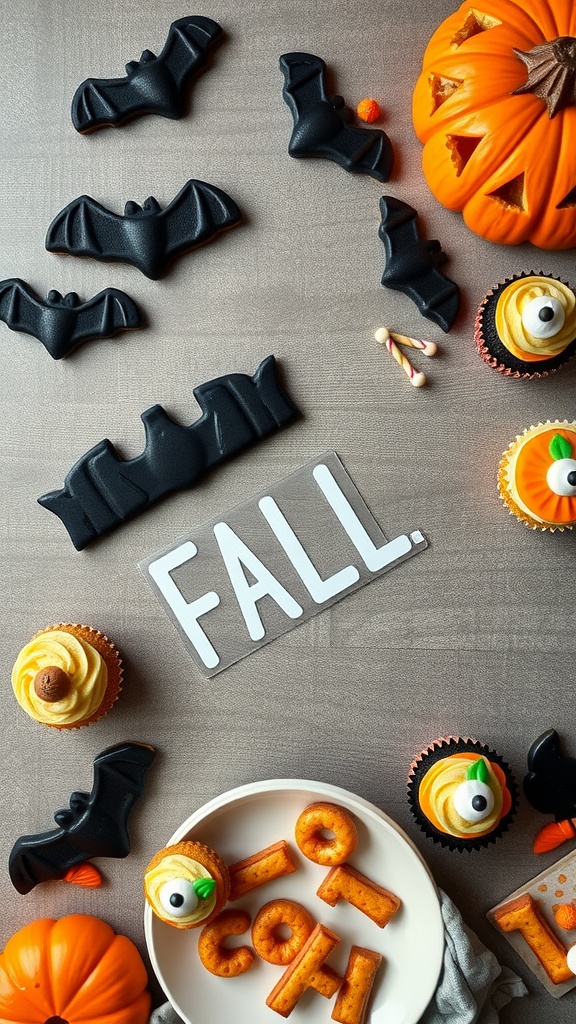 Halloween-themed baby shower snacks featuring cupcakes, bat decorations, and a pumpkin.