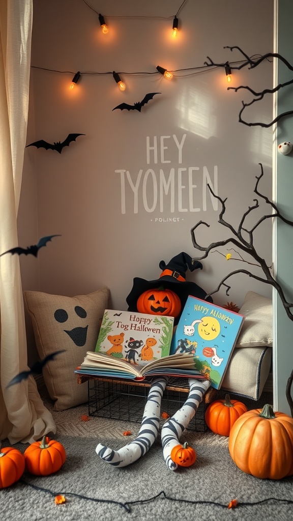 A cozy Halloween-themed storytime corner with pumpkins, books, and spooky decorations.