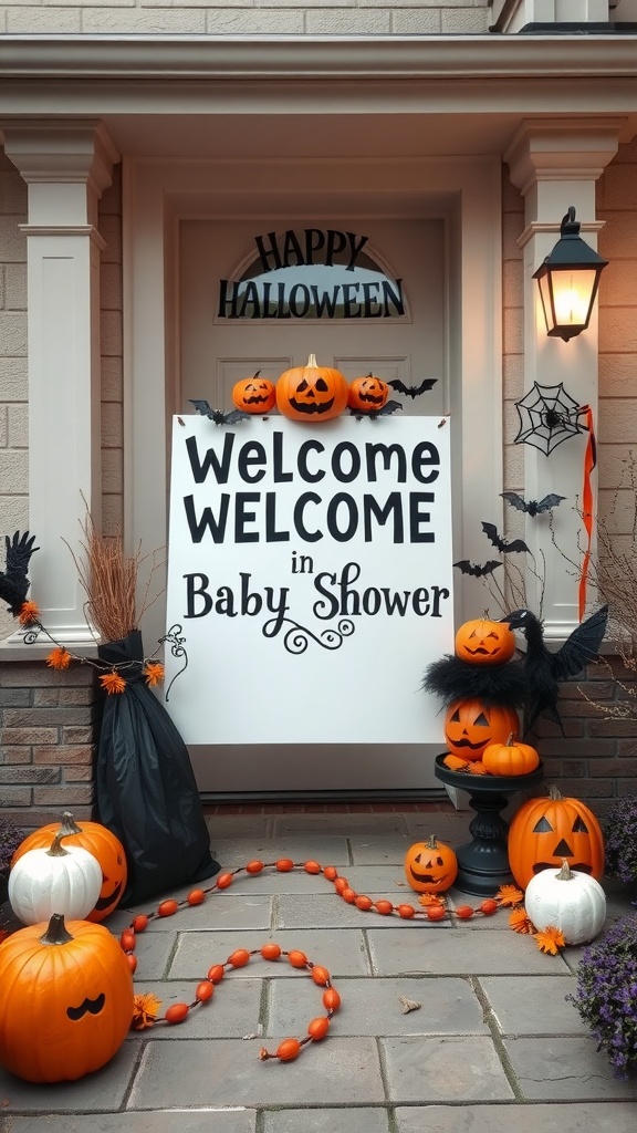 A Halloween-themed welcome sign for a baby shower, featuring pumpkins and spooky decorations.
