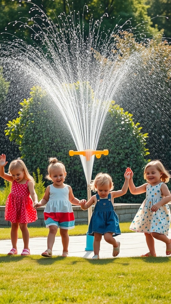 Children dancing in a sprinkler, laughing and enjoying the water in a sunny backyard.