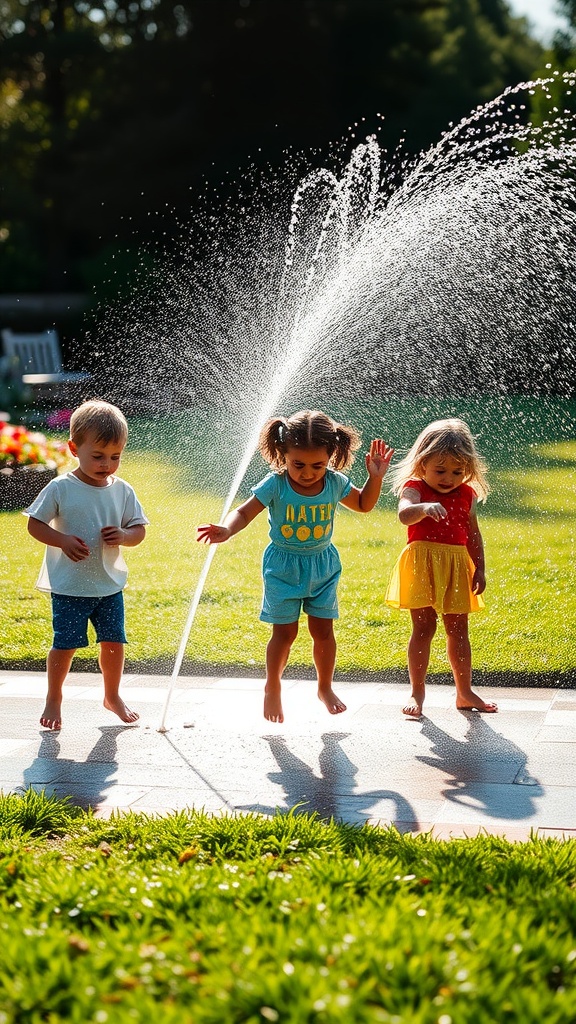 Three kids enjoying a sprinkler dance party on a sunny day, splashing in the water.