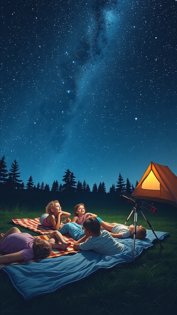 Kids lying on a blanket under a starry sky, with a telescope and a glowing tent in the background.