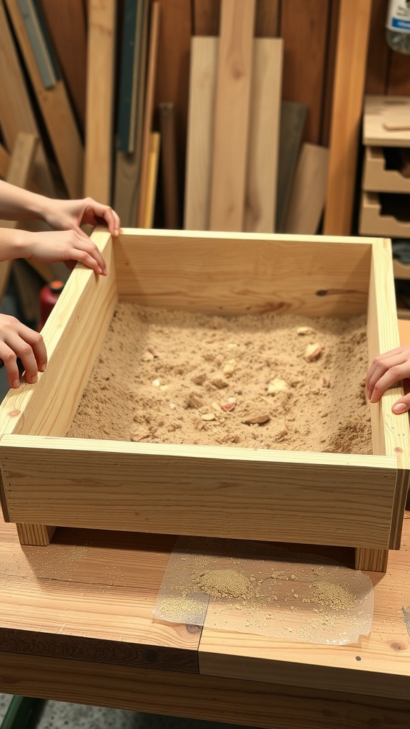 A wooden sandbox frame being constructed with sand inside it.