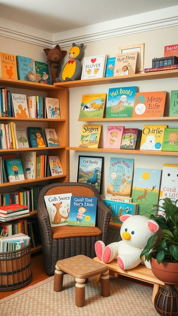 A cozy reading nook with children's books, a plush toy, and a comfy chair.