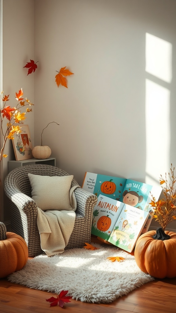 Cozy storytime nook decorated for autumn with books and pumpkins