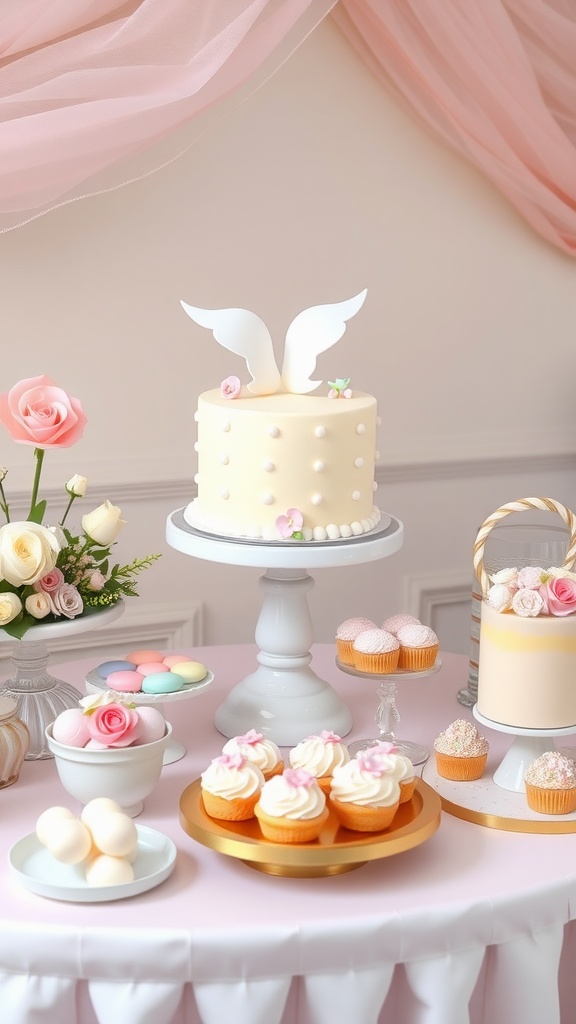 A beautifully arranged cake and dessert table with a pastel-themed cake, cupcakes, macarons, and flowers for a baby shower.
