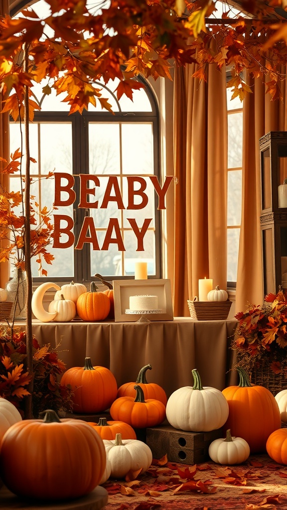 A cozy fall baby shower setup with pumpkins, autumn leaves, and warm decorations.