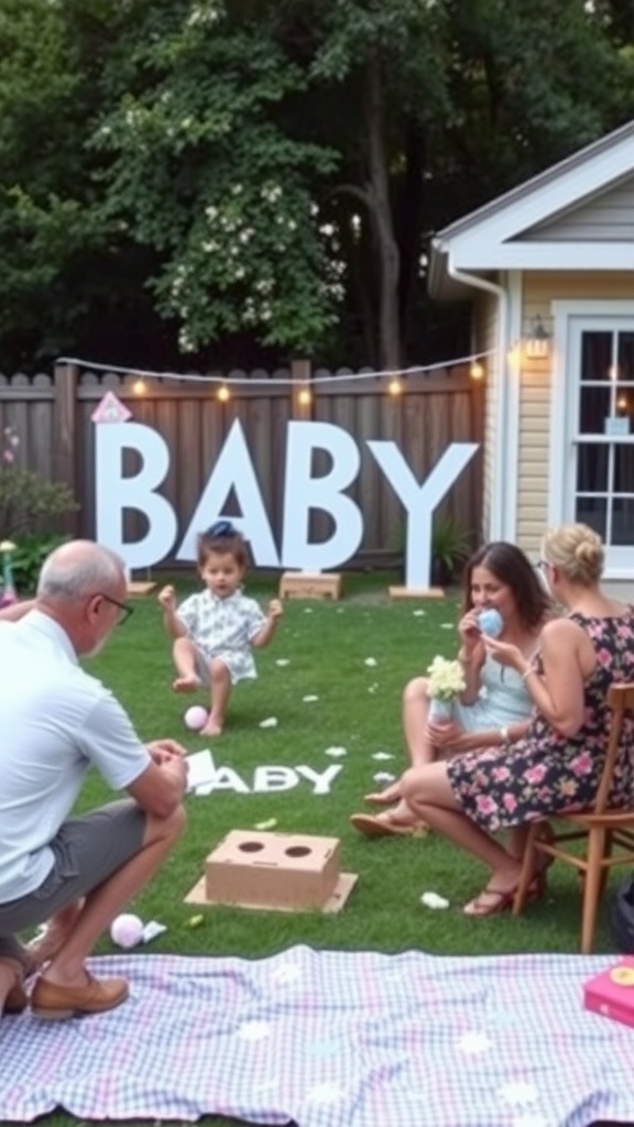 A backyard baby shower setup with a large 'BABY' sign, guests enjoying games and refreshments.