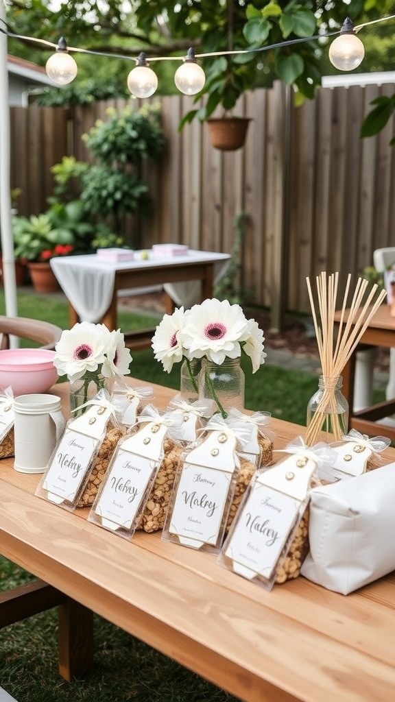 Table with themed party favors for a backyard baby shower, featuring popcorn bags and decorative flowers.