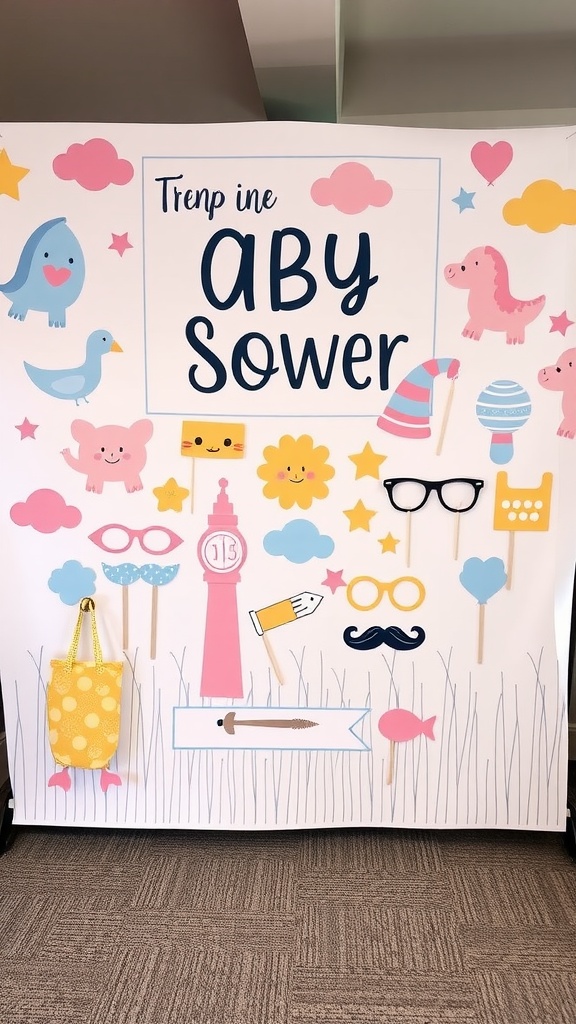 A baby shower themed photo booth with colorful decorations and props