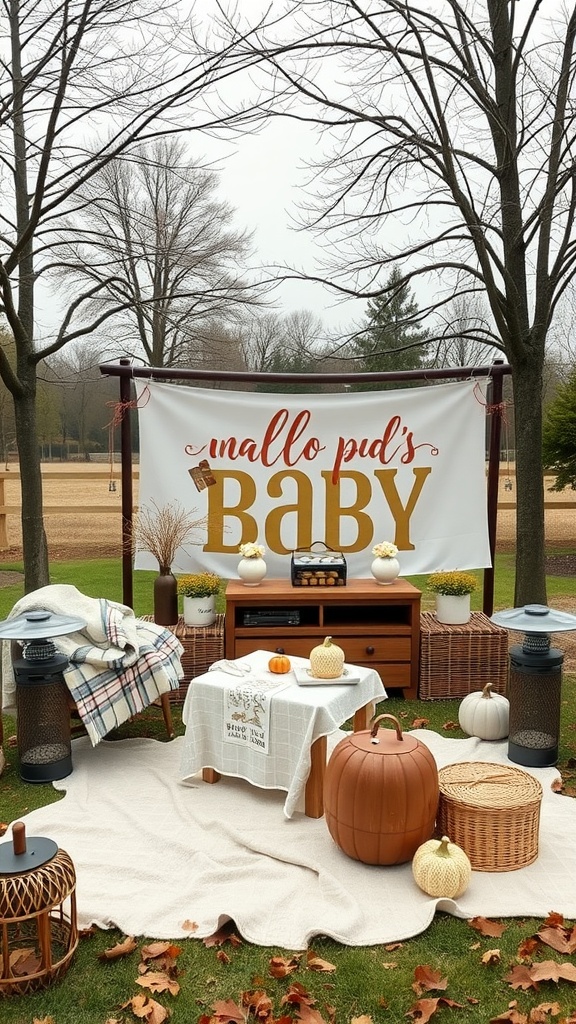 Outdoor baby shower setup with cozy blankets, pumpkins, and a welcoming banner in a park.