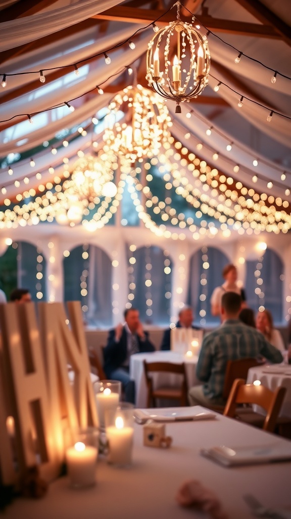 A festive baby shower setup featuring twinkling string lights and candles, creating a cozy atmosphere.