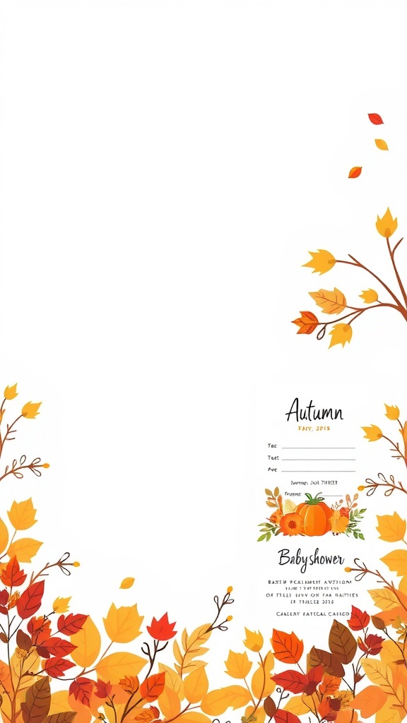 Autumn-themed baby shower invitation with colorful leaves and a pumpkin design.