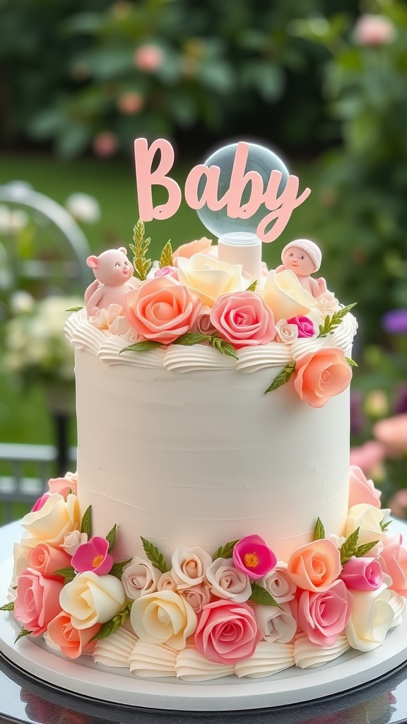 A beautifully decorated two-tier cake with pastel roses and cute baby figurines, topped with a 'Baby' sign.