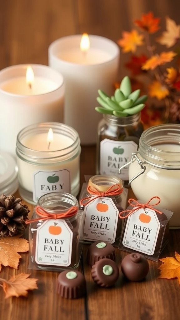 A collection of unique baby shower favors including candles, jars, and chocolates with a fall theme.