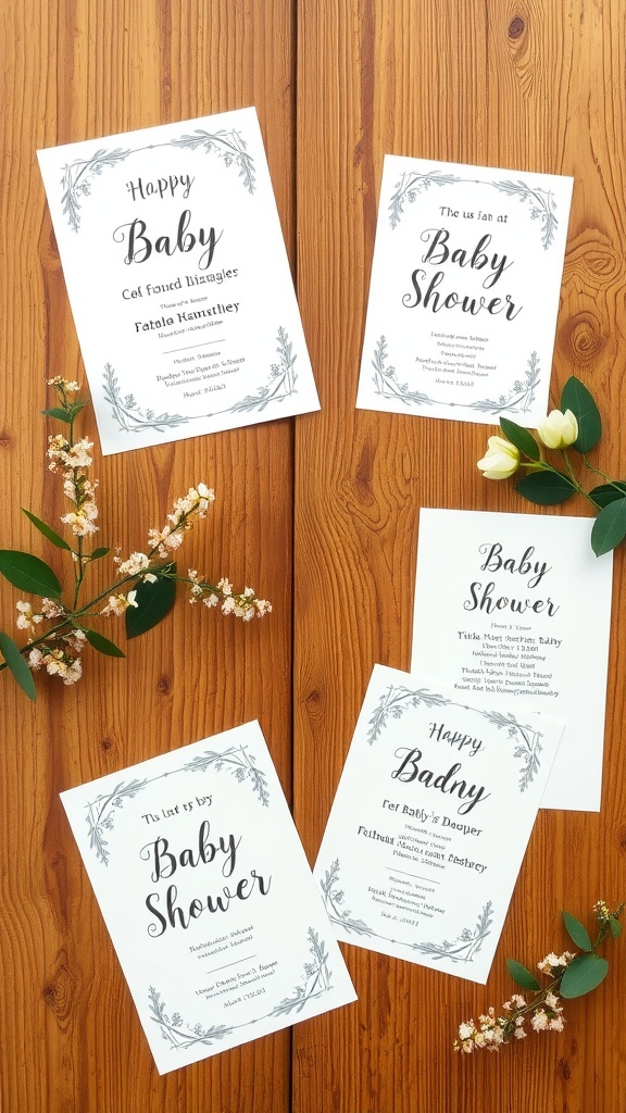 A collection of baby shower invitations with floral designs on a wooden table.