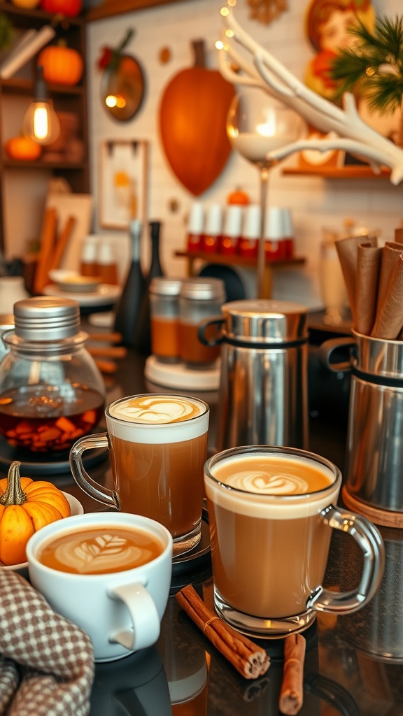 A warm beverage bar with lattes, small pumpkins, and cinnamon sticks, creating an inviting autumn atmosphere.