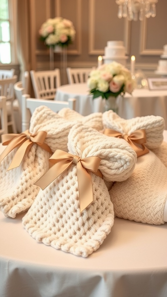 Three cream-colored knitted blankets tied with gold ribbons on a table decorated for a baby shower.