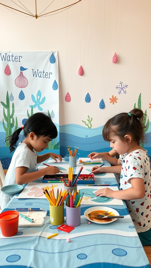 Kids at a water-themed crafts station, engaging in art activities with colorful supplies.
