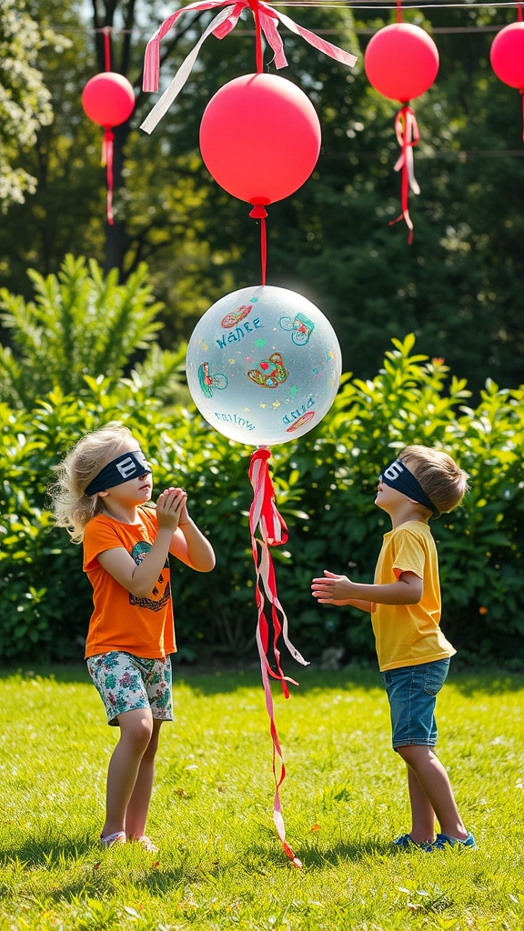 Children playing a water balloon piñata game, with blindfolds and colorful balloons.
