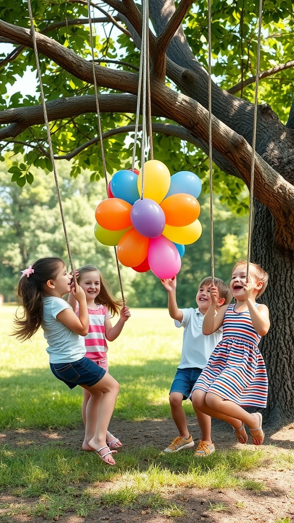 Kids playing Water Balloon Pinata under a tree, laughing and swinging.