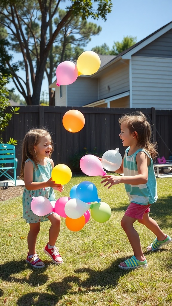 Two girls playing with colorful water balloons in a sunny backyard.