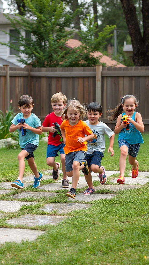 Kids running and playing Water Gun Tag in a backyard