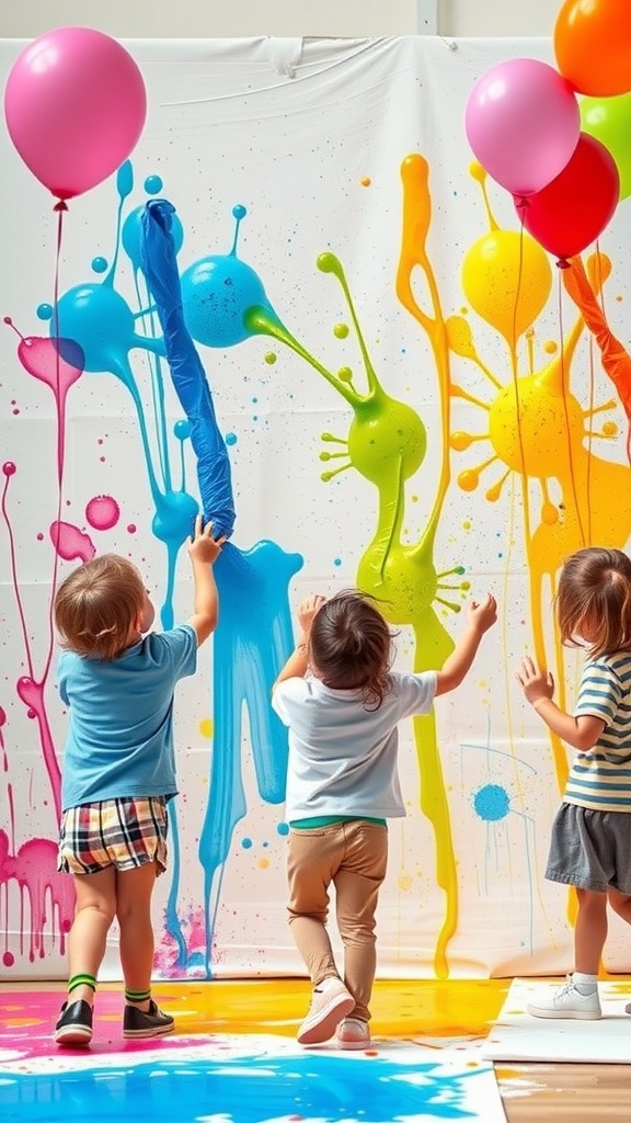 Children playing water paint balloon fights with colorful balloons and paint splashes on a wall.