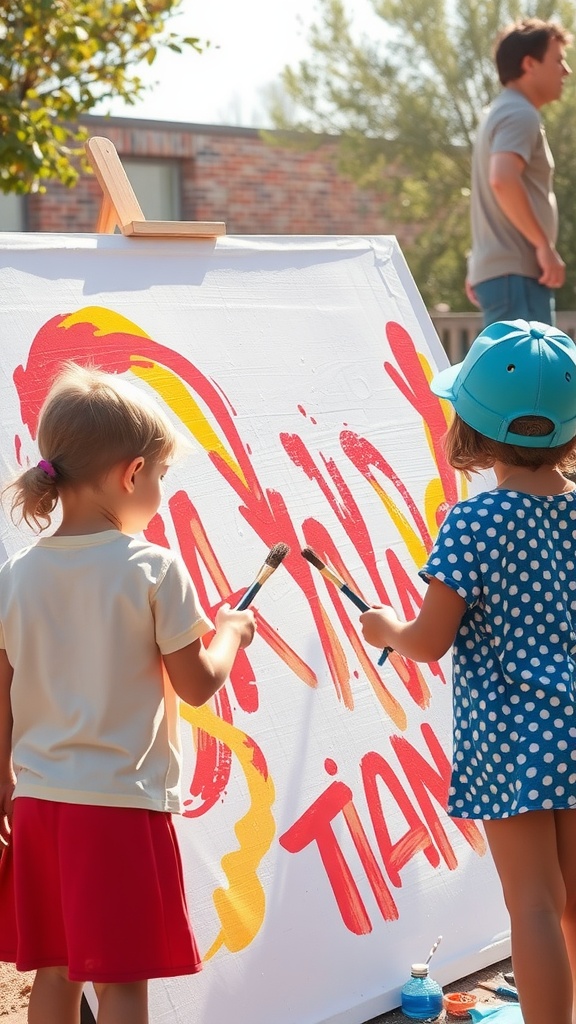 Two children painting on a canvas outdoors, one in a red skirt and the other in a blue polka-dot dress.