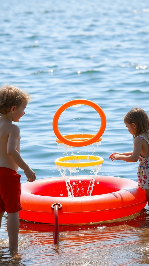 Two children playing water ring toss near the water