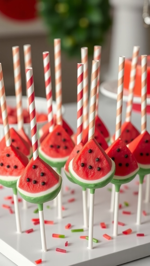 Colorful watermelon-themed cake pops on a display with striped straws.