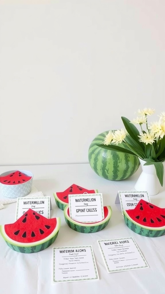 Watermelon-themed games setup with cutouts and game cards on a table.
