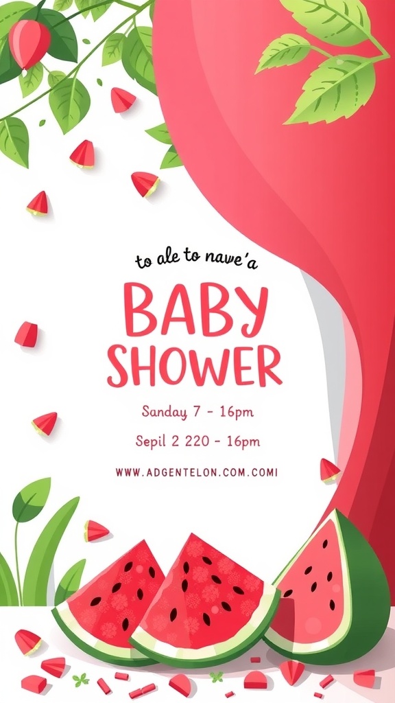 A colorful watermelon-themed baby shower invitation with slices of watermelon and green leaves.