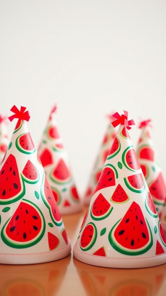 Colorful watermelon-themed party hats adorned with slices and bows.