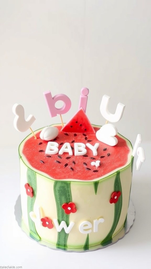 A colorful watermelon-themed baby shower cake featuring red top, green rind, and decorative letters.