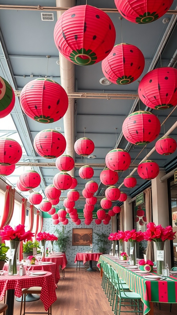 A vibrant watermelon-themed baby shower decoration with lanterns and flowers.