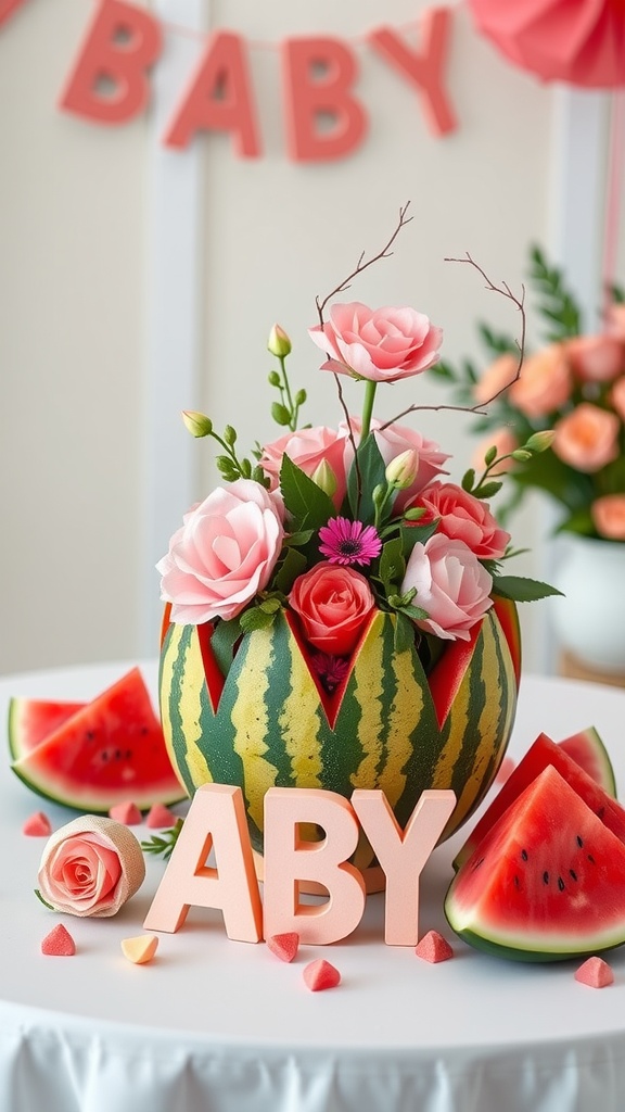 A decorated watermelon centerpiece with flowers and watermelon slices at a baby shower.