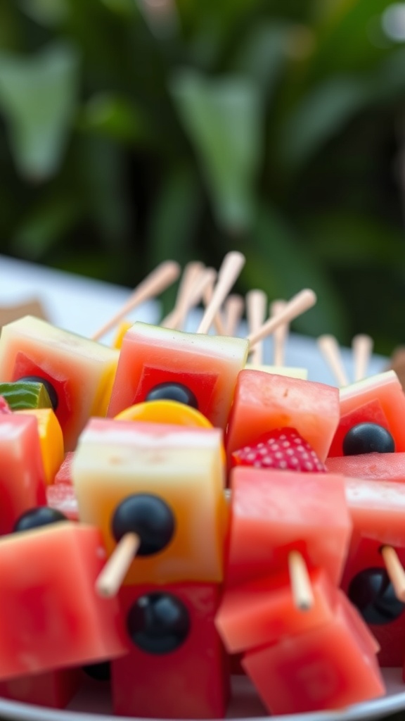Colorful watermelon fruit skewers with various fruits on wooden sticks.