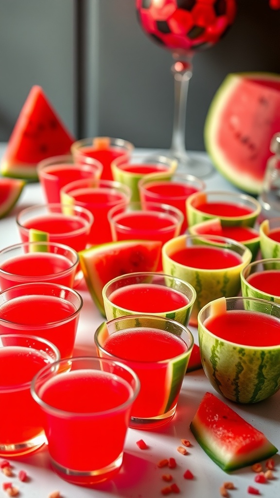 A colorful display of watermelon jello shots in small cups and watermelon rinds, perfect for a summer party.