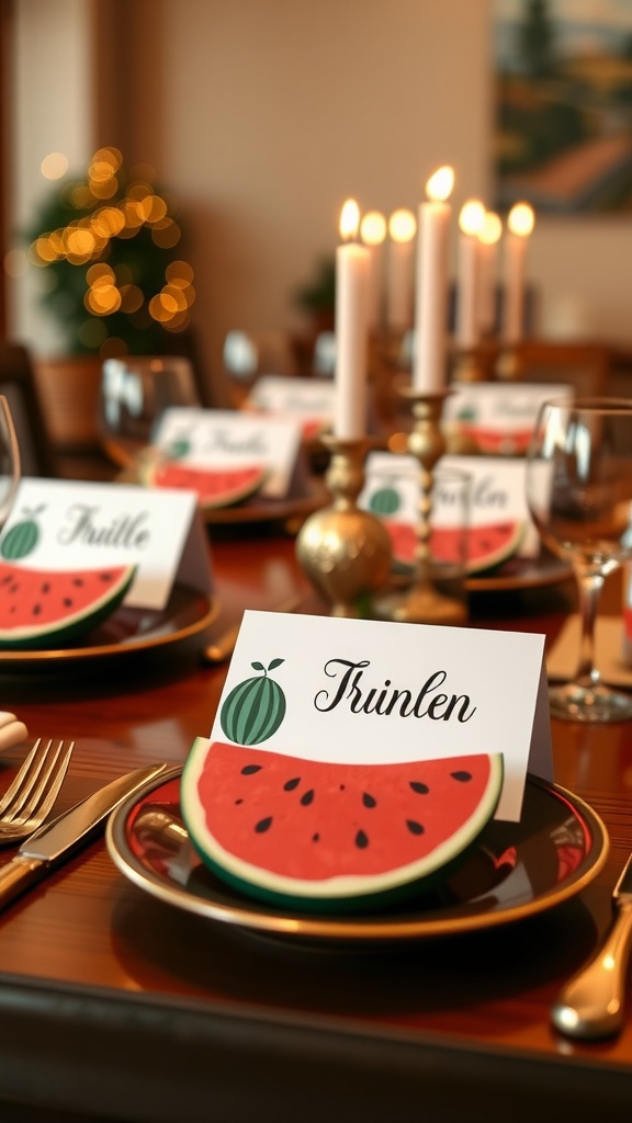 Table setting featuring watermelon slice place cards and plates