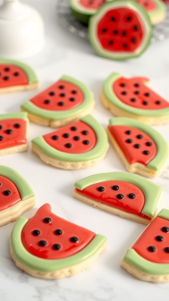 A variety of watermelon slice cookies decorated with icing.