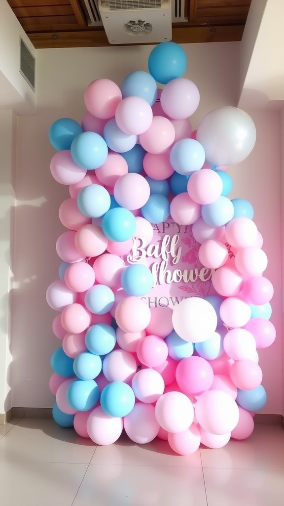 A colorful balloon installation for a baby shower featuring pink and blue balloons.