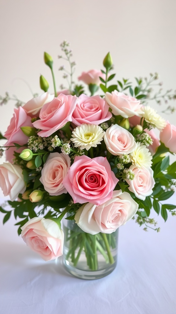 A beautiful floral centerpiece consisting of pink roses and white flowers in a glass vase.
