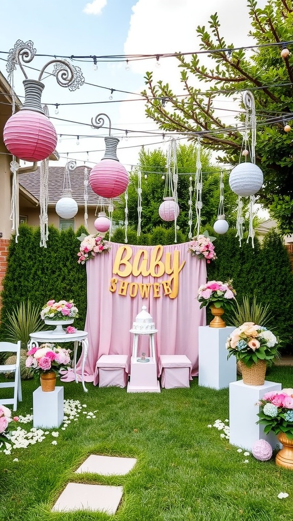 A beautifully decorated backyard for a baby shower featuring floral arrangements, pink lanterns, and a vibrant backdrop.