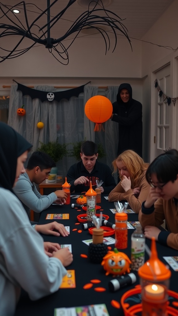 A group of people enjoying games at a Halloween-themed baby shower, with decorations and treats on the table.